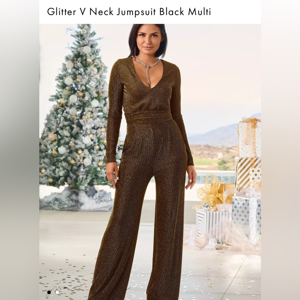 NWT Boston Proper Glitter V Neck Jumpsuit Black Multi size L